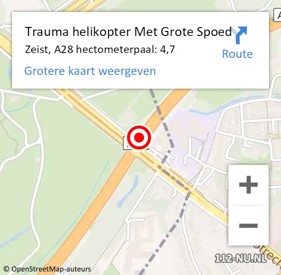 Locatie op kaart van de 112 melding: Trauma helikopter Met Grote Spoed Naar Zeist, A28 hectometerpaal: 4,7 op 9 juli 2021 04:33