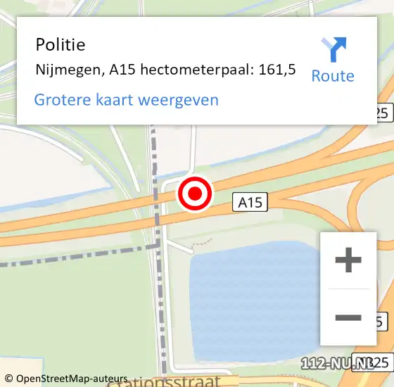 Locatie op kaart van de 112 melding: Politie Nijmegen, A15 hectometerpaal: 161,5 op 9 juli 2021 06:51