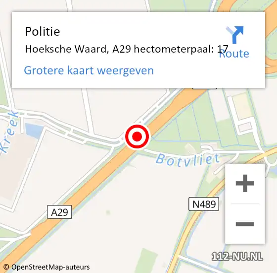 Locatie op kaart van de 112 melding: Politie Binnenmaas, A29 hectometerpaal: 17 op 9 juli 2021 07:09