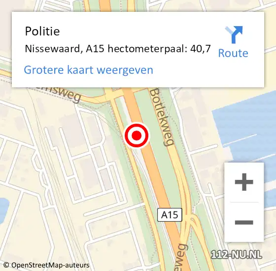 Locatie op kaart van de 112 melding: Politie Bernisse, A15 hectometerpaal: 40,7 op 9 juli 2021 08:45