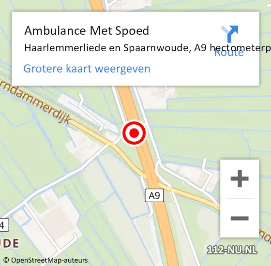 Locatie op kaart van de 112 melding: Ambulance Met Spoed Naar Haarlemmerliede en Spaarnwoude, A9 hectometerpaal: 45,4 op 9 juli 2021 08:49