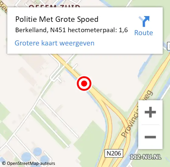 Locatie op kaart van de 112 melding: Politie Met Grote Spoed Naar Berkelland, N451 hectometerpaal: 1,6 op 9 juli 2021 10:44