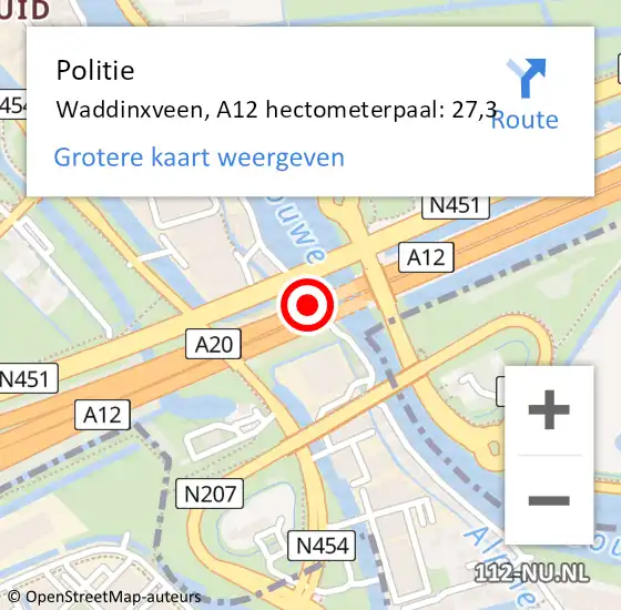 Locatie op kaart van de 112 melding: Politie Waddinxveen, A12 hectometerpaal: 27,3 op 9 juli 2021 10:48