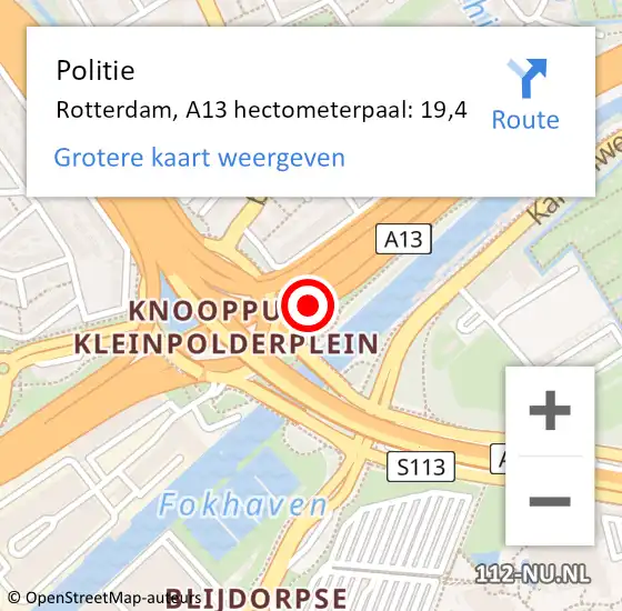 Locatie op kaart van de 112 melding: Politie Rotterdam, A13 hectometerpaal: 19,4 op 9 juli 2021 11:37