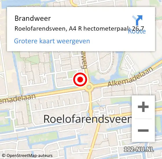 Locatie op kaart van de 112 melding: Brandweer Roelofarendsveen, A4 R hectometerpaal: 24,9 op 15 juni 2014 22:40