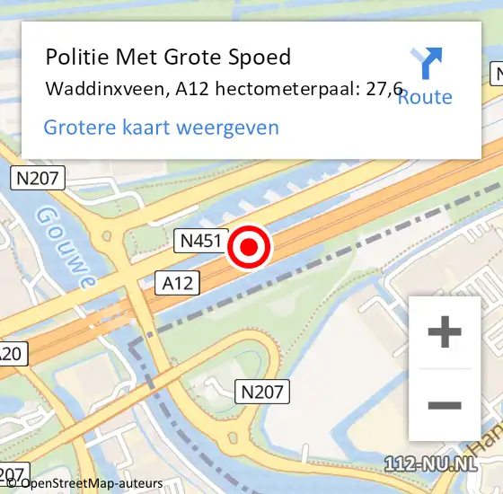 Locatie op kaart van de 112 melding: Politie Met Grote Spoed Naar Waddinxveen, A12 hectometerpaal: 27,6 op 9 juli 2021 15:17