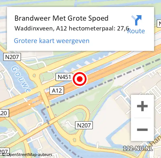 Locatie op kaart van de 112 melding: Brandweer Met Grote Spoed Naar Waddinxveen, A12 hectometerpaal: 27,6 op 9 juli 2021 15:19