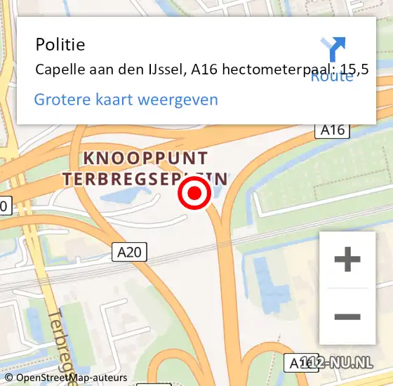 Locatie op kaart van de 112 melding: Politie Rotterdam, A16 hectometerpaal: 15,5 op 9 juli 2021 15:37