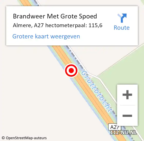 Locatie op kaart van de 112 melding: Brandweer Met Grote Spoed Naar Almere, A27 hectometerpaal: 115,6 op 9 juli 2021 15:37