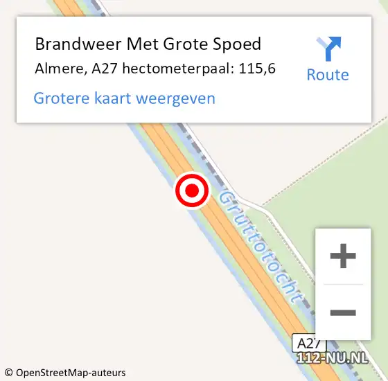 Locatie op kaart van de 112 melding: Brandweer Met Grote Spoed Naar Almere, A27 hectometerpaal: 115,6 op 9 juli 2021 15:38