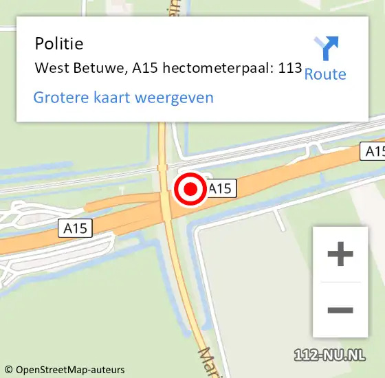 Locatie op kaart van de 112 melding: Politie Neerijnen, A15 hectometerpaal: 113 op 9 juli 2021 15:41