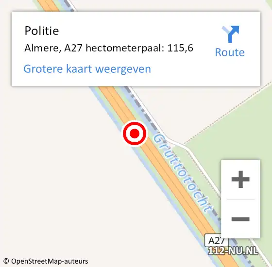 Locatie op kaart van de 112 melding: Politie Almere, A27 hectometerpaal: 115,6 op 9 juli 2021 16:45