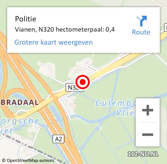 Locatie op kaart van de 112 melding: Politie Vianen, N320 hectometerpaal: 0,4 op 9 juli 2021 16:45