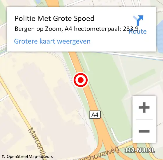 Locatie op kaart van de 112 melding: Politie Met Grote Spoed Naar Bergen op Zoom, A4 hectometerpaal: 233,9 op 9 juli 2021 17:04