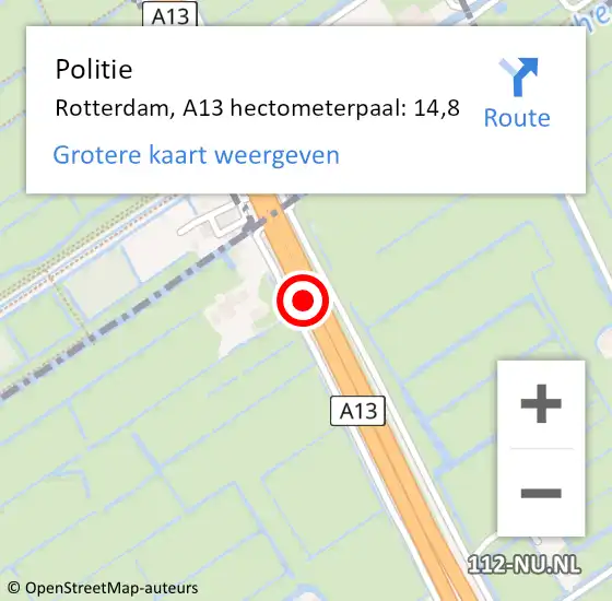 Locatie op kaart van de 112 melding: Politie Rotterdam, A13 hectometerpaal: 14,8 op 9 juli 2021 17:23