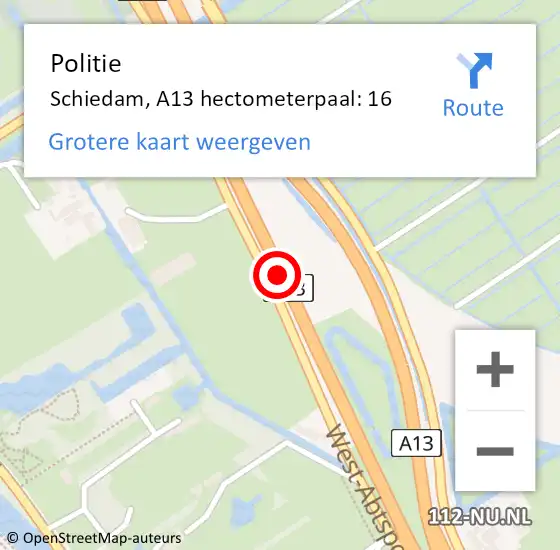 Locatie op kaart van de 112 melding: Politie Rotterdam, A13 hectometerpaal: 16 op 9 juli 2021 17:25