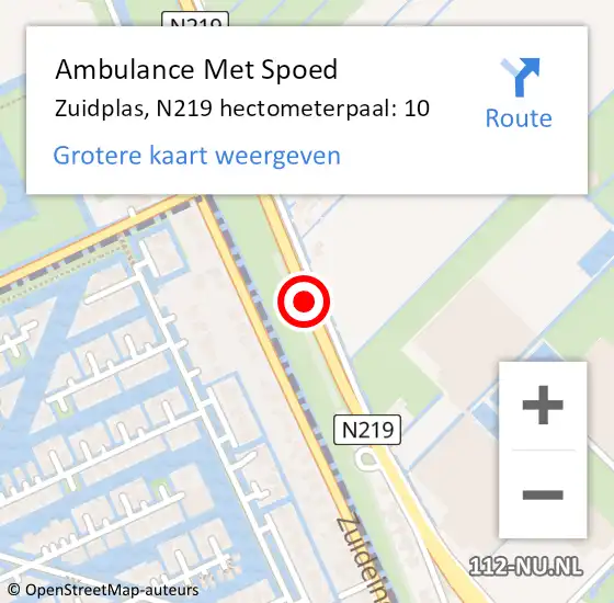 Locatie op kaart van de 112 melding: Ambulance Met Spoed Naar Zuidplas, N219 hectometerpaal: 10 op 9 juli 2021 17:42