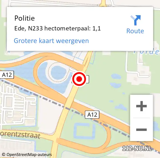 Locatie op kaart van de 112 melding: Politie Ede, N233 hectometerpaal: 1,1 op 9 juli 2021 17:59