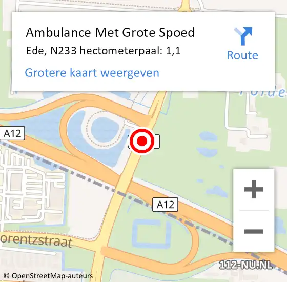 Locatie op kaart van de 112 melding: Ambulance Met Grote Spoed Naar Ede, N233 hectometerpaal: 1,1 op 9 juli 2021 18:06