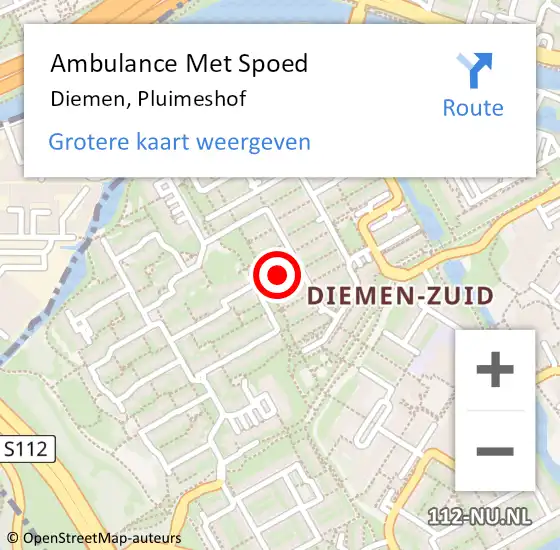 Locatie op kaart van de 112 melding: Ambulance Met Spoed Naar Diemen, Pluimeshof op 9 juli 2021 18:27