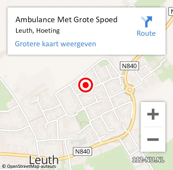 Locatie op kaart van de 112 melding: Ambulance Met Grote Spoed Naar Leuth, Hoeting op 9 juli 2021 22:42