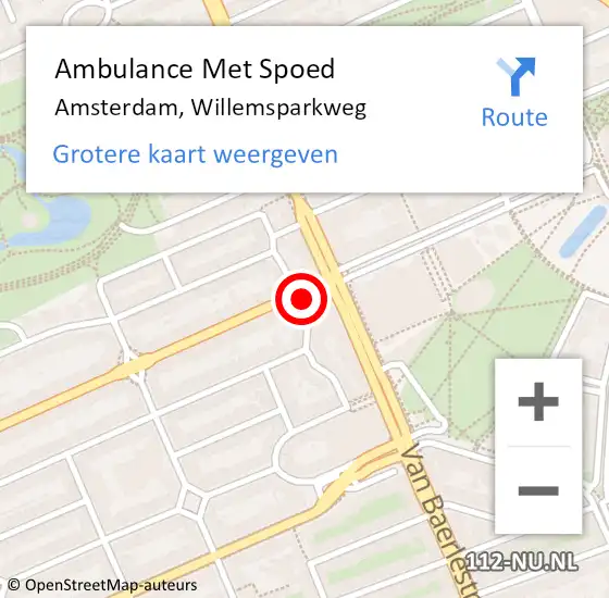Locatie op kaart van de 112 melding: Ambulance Met Spoed Naar Amsterdam, Willemsparkweg op 10 juli 2021 04:24
