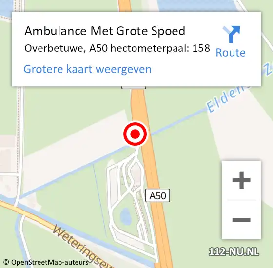 Locatie op kaart van de 112 melding: Ambulance Met Grote Spoed Naar Overbetuwe, A50 hectometerpaal: 158 op 10 juli 2021 04:52