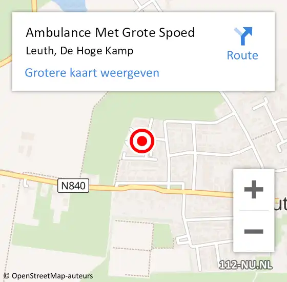 Locatie op kaart van de 112 melding: Ambulance Met Grote Spoed Naar Leuth, De Hoge Kamp op 10 juli 2021 05:55