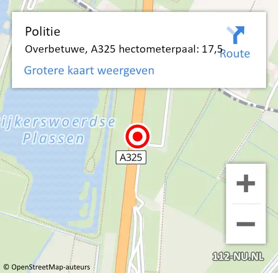 Locatie op kaart van de 112 melding: Politie Overbetuwe, A325 hectometerpaal: 17,5 op 10 juli 2021 08:54