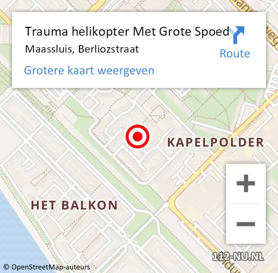 Locatie op kaart van de 112 melding: Trauma helikopter Met Grote Spoed Naar Maassluis, Berliozstraat op 10 juli 2021 09:31