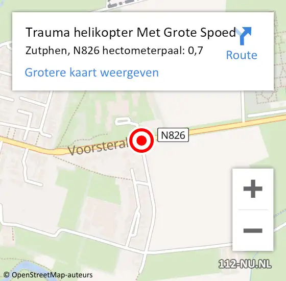 Locatie op kaart van de 112 melding: Trauma helikopter Met Grote Spoed Naar Zutphen, N826 hectometerpaal: 0,7 op 10 juli 2021 09:56