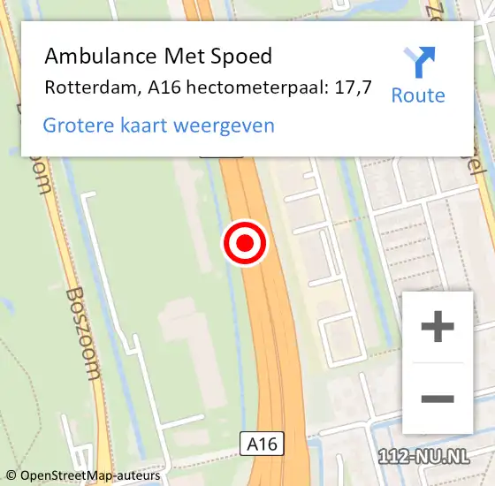Locatie op kaart van de 112 melding: Ambulance Met Spoed Naar Rotterdam, A16 hectometerpaal: 17,7 op 10 juli 2021 10:18