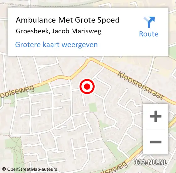 Locatie op kaart van de 112 melding: Ambulance Met Grote Spoed Naar Groesbeek, Jacob Marisweg op 10 juli 2021 10:26