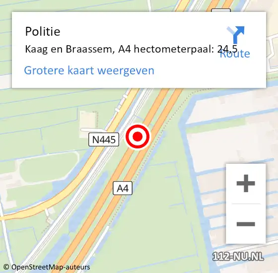 Locatie op kaart van de 112 melding: Politie Kaag en Braassem, A4 hectometerpaal: 24,5 op 10 juli 2021 11:08