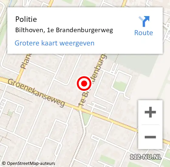 Locatie op kaart van de 112 melding: Politie Bilthoven, 1e Brandenburgerweg op 10 juli 2021 11:17