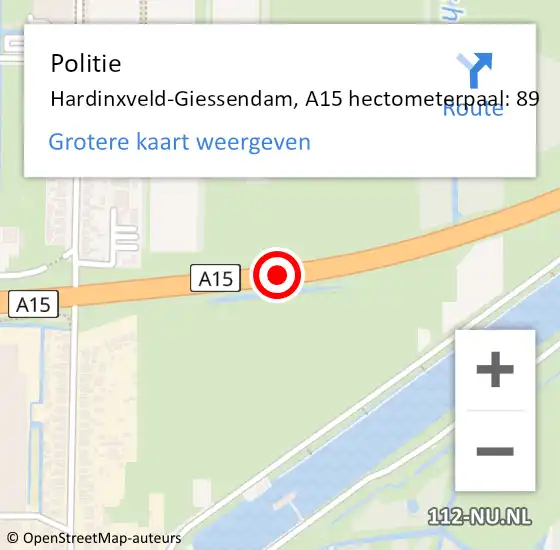 Locatie op kaart van de 112 melding: Politie Hardinxveld-Giessendam, A15 hectometerpaal: 89 op 10 juli 2021 11:45