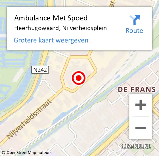 Locatie op kaart van de 112 melding: Ambulance Met Spoed Naar Heerhugowaard, Nijverheidsplein op 10 juli 2021 14:25