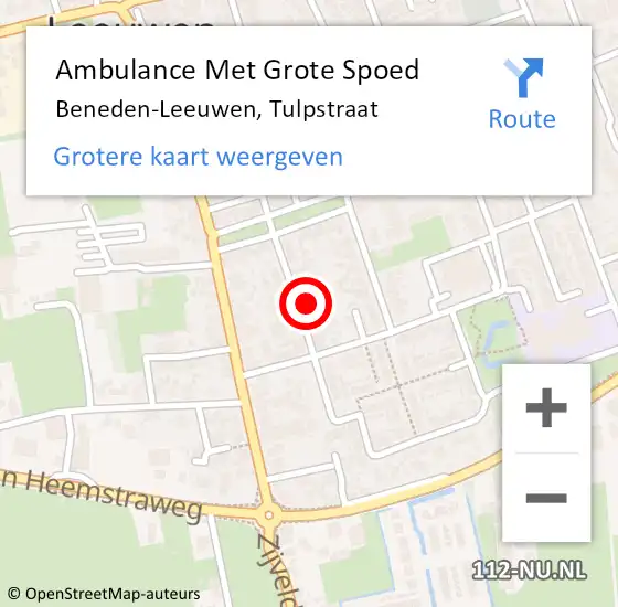 Locatie op kaart van de 112 melding: Ambulance Met Grote Spoed Naar Beneden-Leeuwen, Tulpstraat op 10 juli 2021 14:26