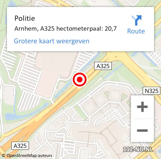 Locatie op kaart van de 112 melding: Politie Arnhem, A325 hectometerpaal: 20,7 op 10 juli 2021 14:45