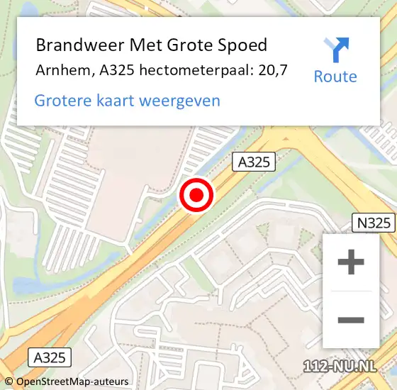 Locatie op kaart van de 112 melding: Brandweer Met Grote Spoed Naar Arnhem, A325 hectometerpaal: 20,7 op 10 juli 2021 14:46