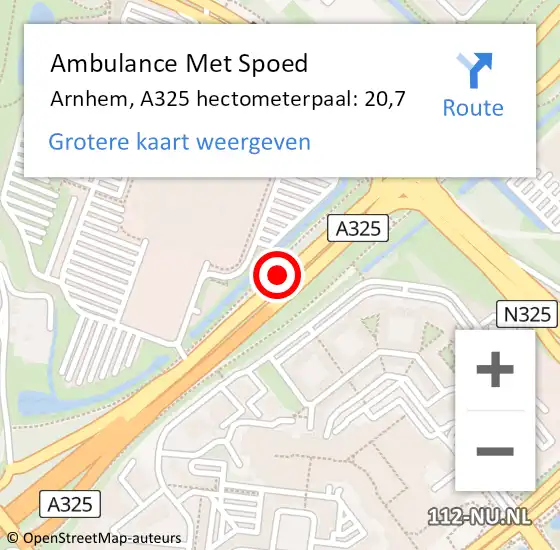 Locatie op kaart van de 112 melding: Ambulance Met Spoed Naar Arnhem, A325 hectometerpaal: 20,7 op 10 juli 2021 14:47