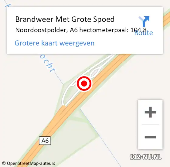 Locatie op kaart van de 112 melding: Brandweer Met Grote Spoed Naar Noordoostpolder, A6 hectometerpaal: 104,8 op 10 juli 2021 16:10