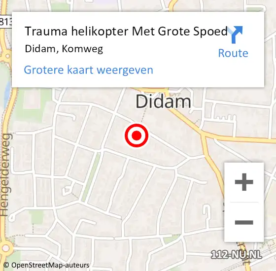 Locatie op kaart van de 112 melding: Trauma helikopter Met Grote Spoed Naar Didam, Komweg op 10 juli 2021 16:41