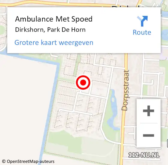 Locatie op kaart van de 112 melding: Ambulance Met Spoed Naar Dirkshorn, Park De Horn op 10 juli 2021 19:05