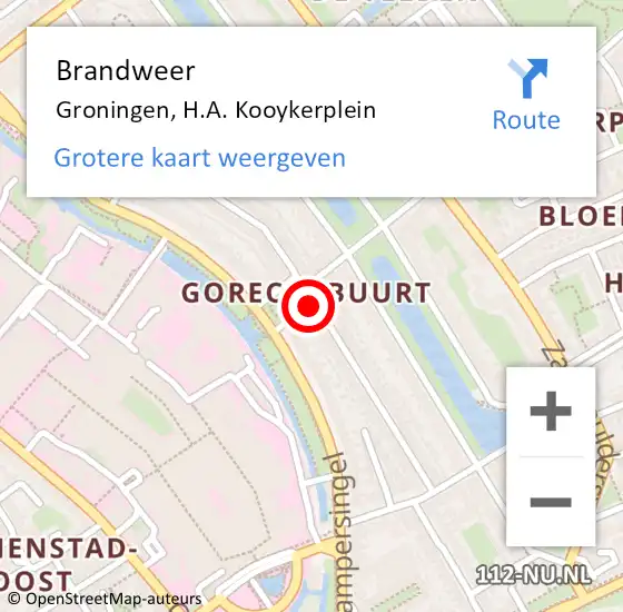 Locatie op kaart van de 112 melding: Brandweer Groningen, H.A. Kooykerplein op 10 juli 2021 19:05