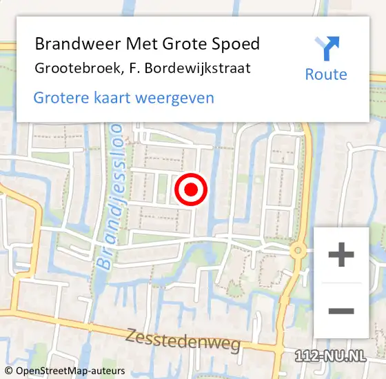 Locatie op kaart van de 112 melding: Brandweer Met Grote Spoed Naar Grootebroek, F. Bordewijkstraat op 10 juli 2021 22:30