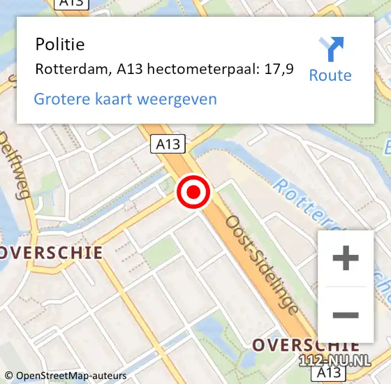 Locatie op kaart van de 112 melding: Politie Rotterdam, A13 hectometerpaal: 17,9 op 10 juli 2021 22:40