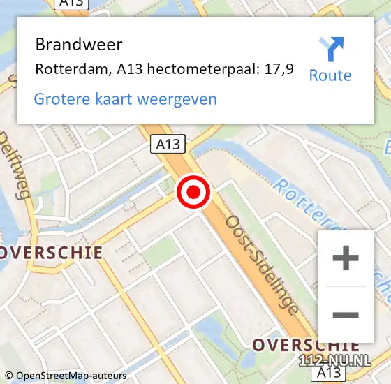 Locatie op kaart van de 112 melding: Brandweer Rotterdam, A13 hectometerpaal: 17,9 op 10 juli 2021 22:42