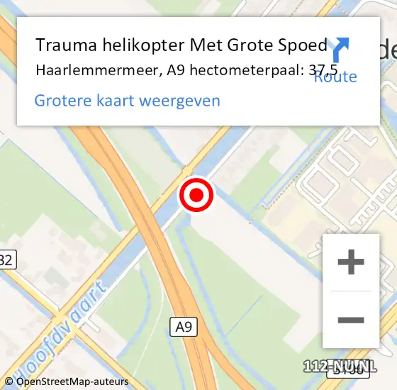 Locatie op kaart van de 112 melding: Trauma helikopter Met Grote Spoed Naar Haarlemmermeer, A9 hectometerpaal: 37,5 op 10 juli 2021 23:42