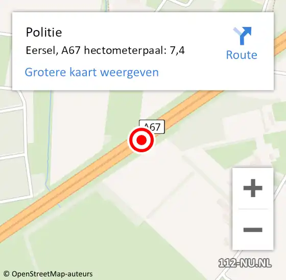 Locatie op kaart van de 112 melding: Politie Eersel, A67 hectometerpaal: 7,4 op 11 juli 2021 02:04